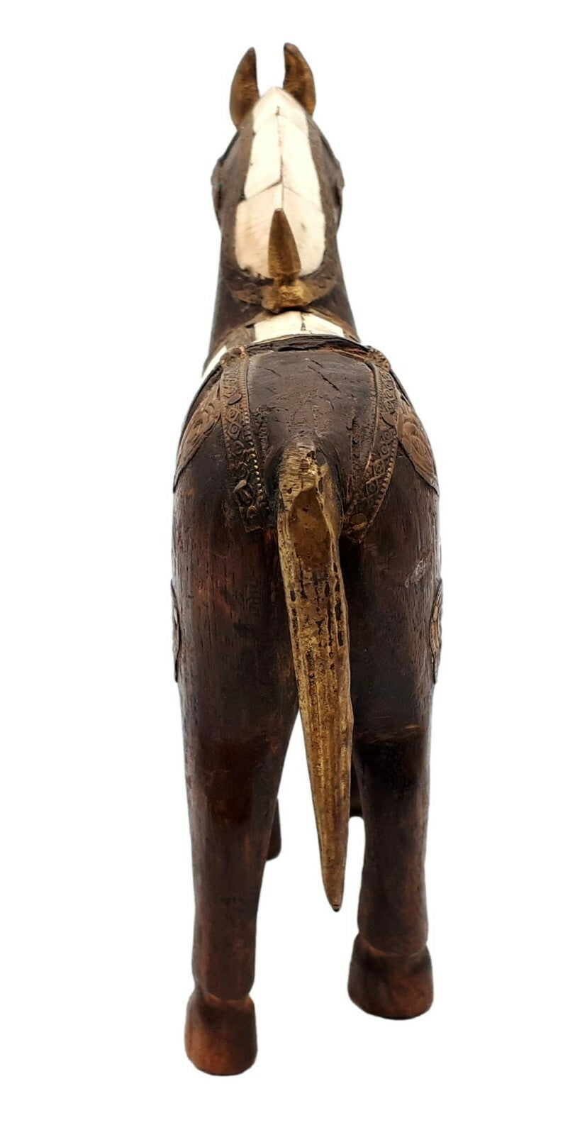 Pferdestatue - Skulptur schnitzerei Holz Bein - Indien um 1850 Messingbeschlag 5