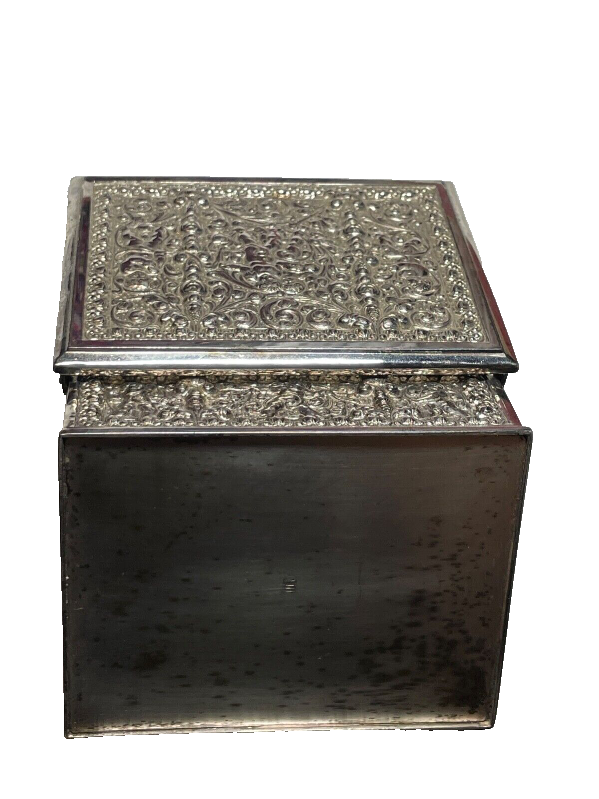 Kleine alte Erhard & Söhne Schatulle Silber farb. Putten Engel Dekor rar Metall13