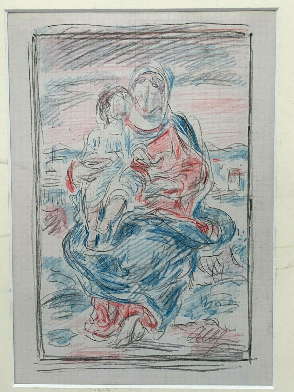 Prof. Albert Haueisen - Zeichnung - gerahmt - Madonna mit Jesuskind - Frau Kind2