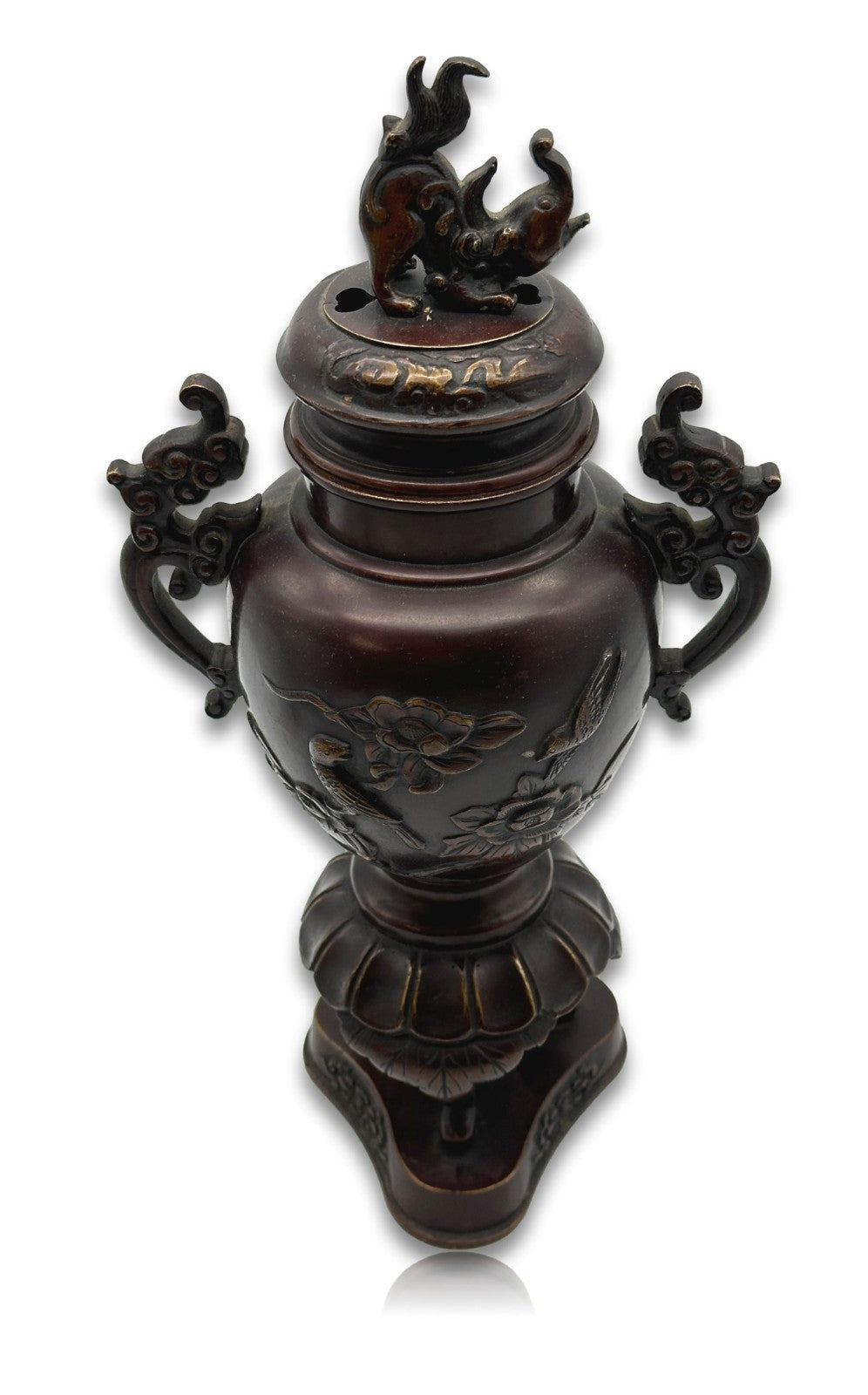 Japan Koro Räuchergefäß Bronze - Meiji um 1900 - Shishi-Deckel - Lotos-Sockel1