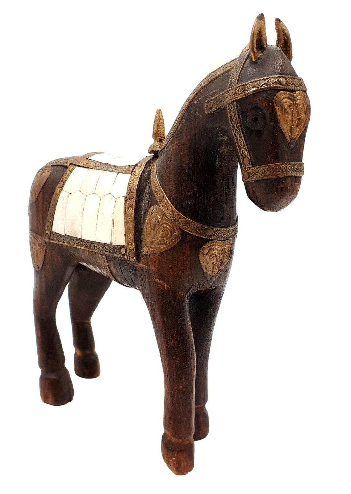 Pferdestatue - Skulptur schnitzerei Holz Bein - Indien um 1850 Messingbeschlag 2