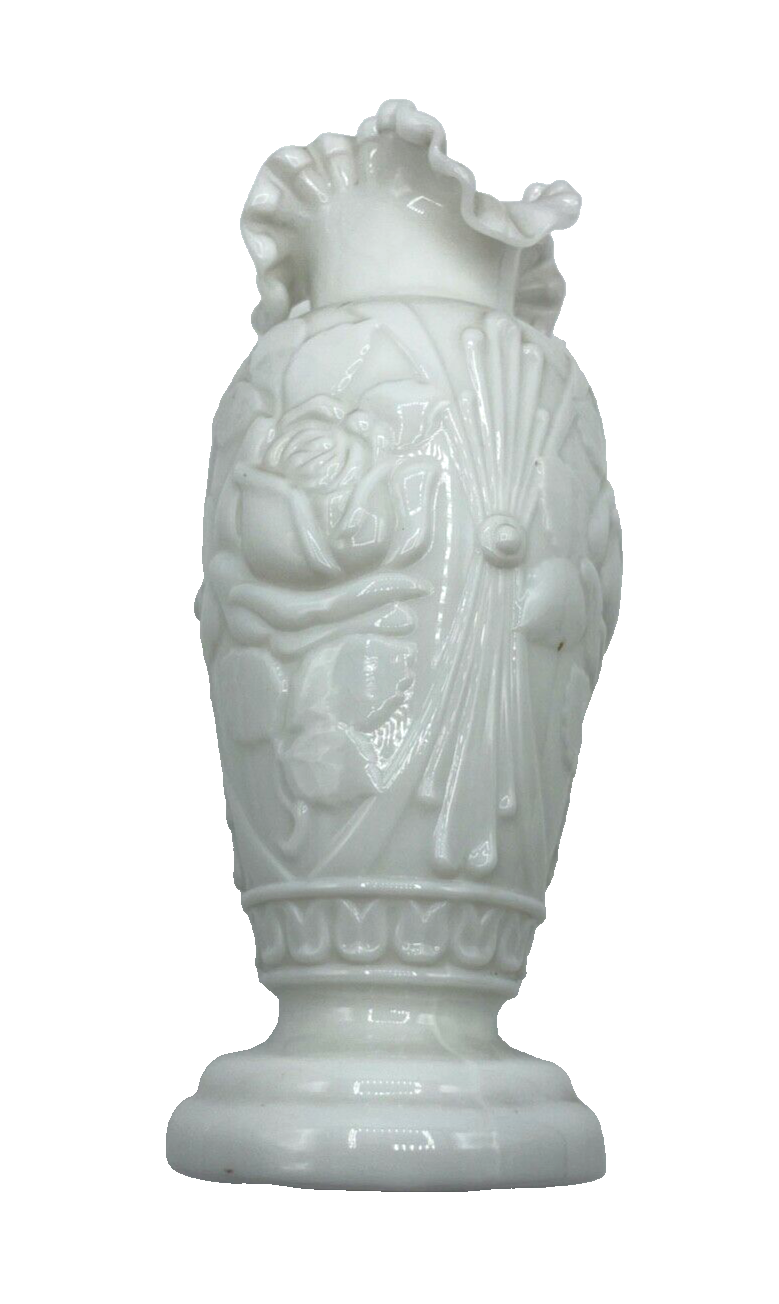 Original Jugendstil Milchglas Opaque Glasvase Rosen Dekor halbplastisch H 24,5cm6