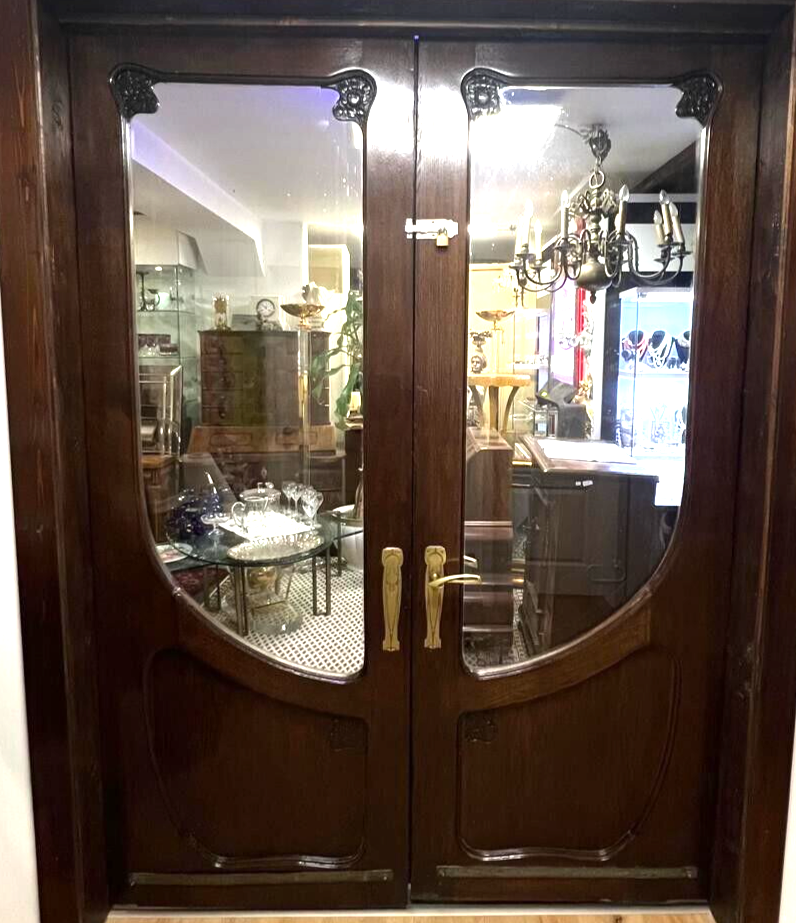Jugendstil Doppelflügeltür - Eiche massiv - Glas - Mes. Beschläge - Restauriert0