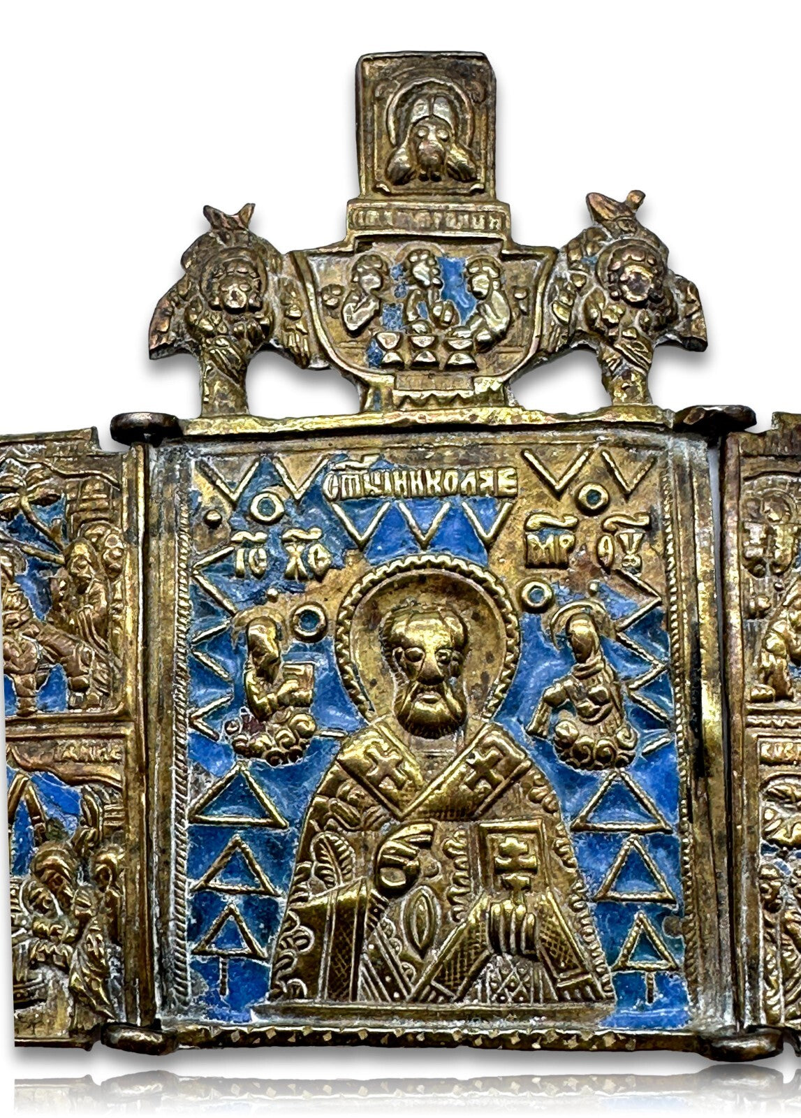 Antike russische Ikone - Bronze - um 1800-1840 - Hl.Nikolaus - Tetraptychon2
