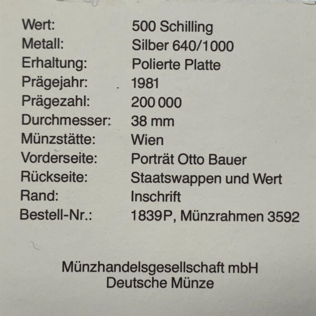 500 Schilling Österreich - Silber Münze - 100. Geburtstag Otto Bauer - PP3