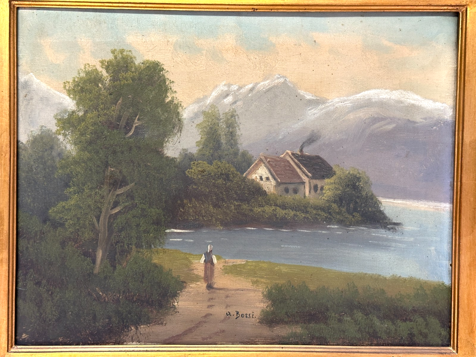 Alpenlandschaft um 1900 – A. Bossi – Öl auf Leinwand – romantische Bergszene1