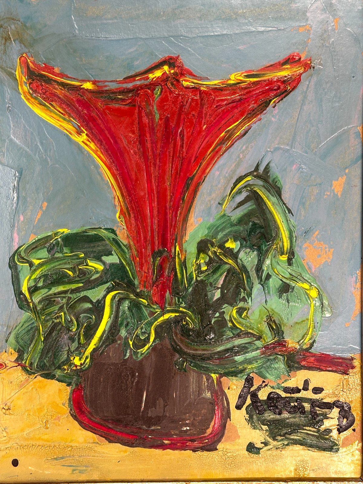 Bohumil Samuel Kečíř – Rote Blüte in Vase – pastose Spachtelmalerei -gerahmt1