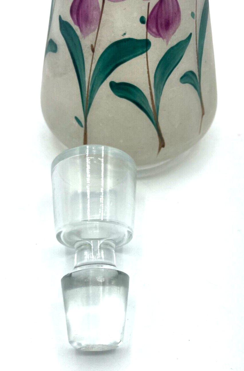 Antik Glas Karaffe Likörkaraffe um 1900 mit Veilchen Dekor Handgemalt H 24 cm5
