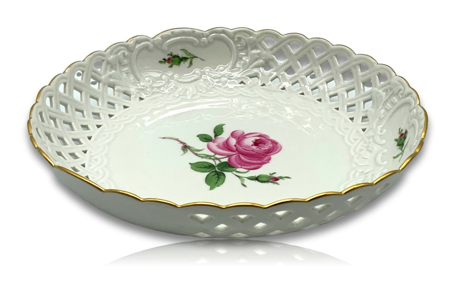 Meissen Porzellan - Durchbruch Schale Korbschale - Rote Rose - Goldstaffage 1