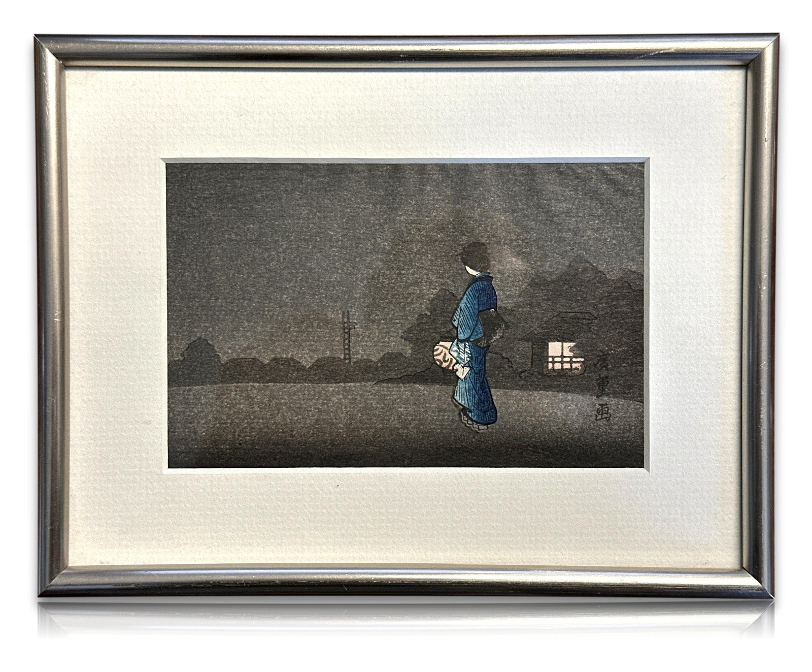 Japanischer Holzschnitt im Stil von Harunobu – Geisha bei Nacht – gerahmte Repro0