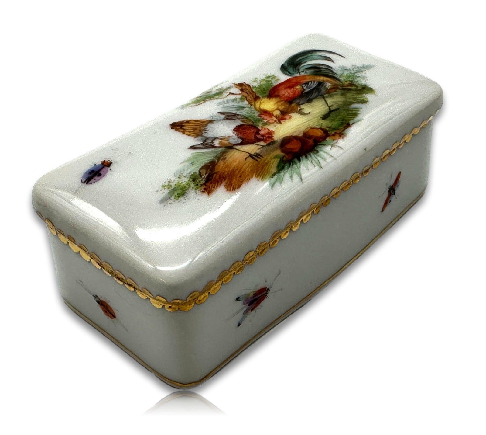 Antike Porzellan-Schatulle - Hahn-Dekor & Insektenmalerei - handbemalt - um 19000