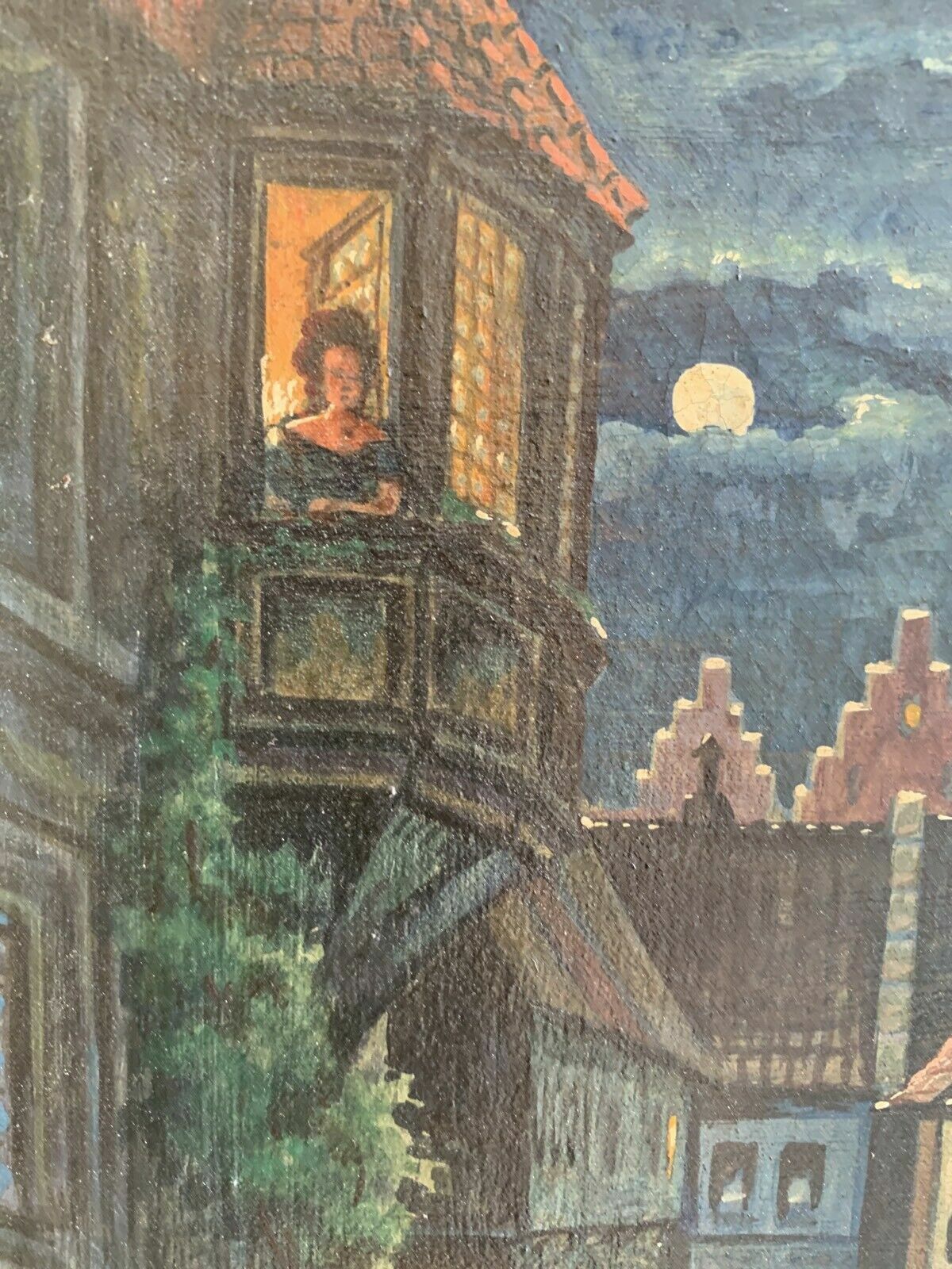 KH Strothmann 1946 - Ölgemälde - Romantischer Szene bei Vollmond - Öl auf Leinen5