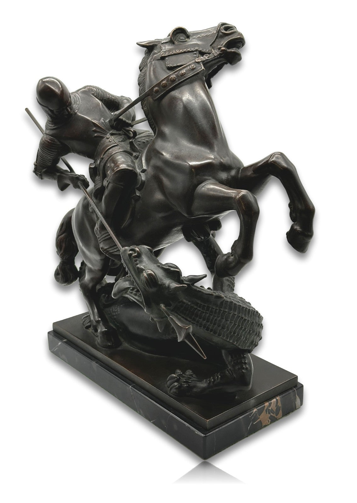 Große Bronze Skulptur - Hl. Georg tötet Drachen - um 1930 - auf Marmorsockel0