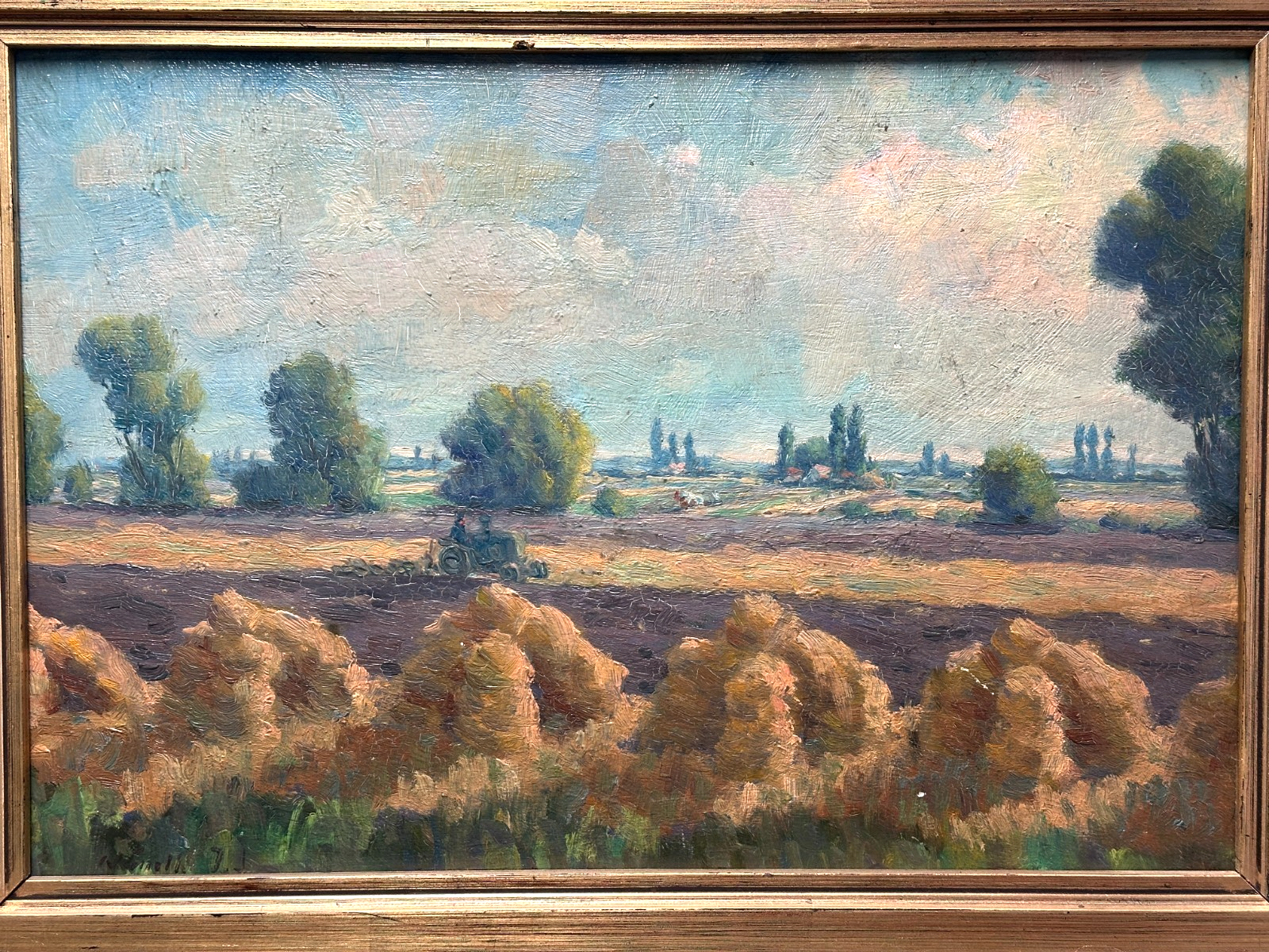 Ölgemälde – Landschaft mit Erntehocken & Traktor, signiert W…, ca. Mitte 20. Jh1