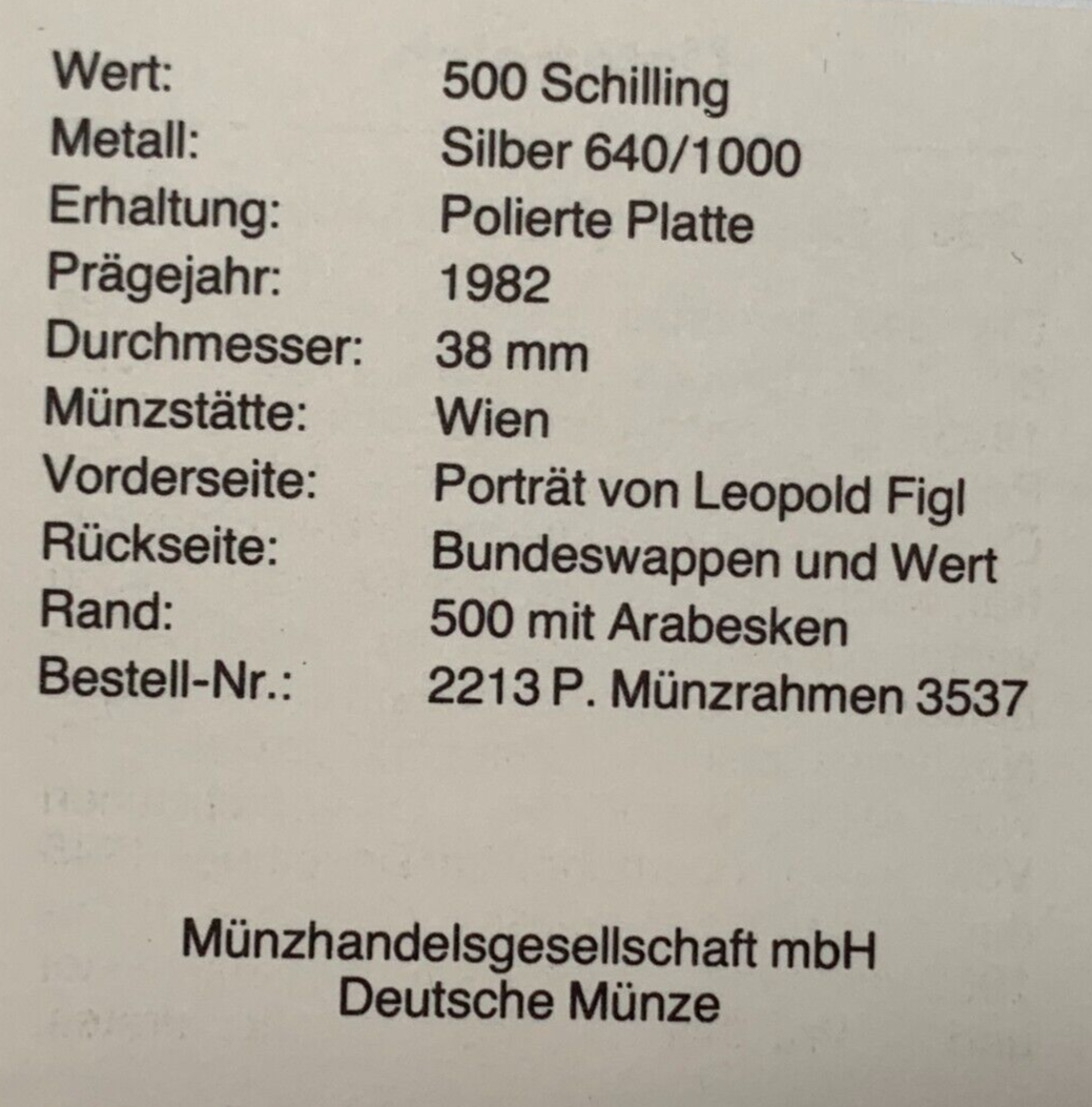 500 Schilling Österreich - Silber Münze - 80. Geburtstag von Leopold Figl - PP3