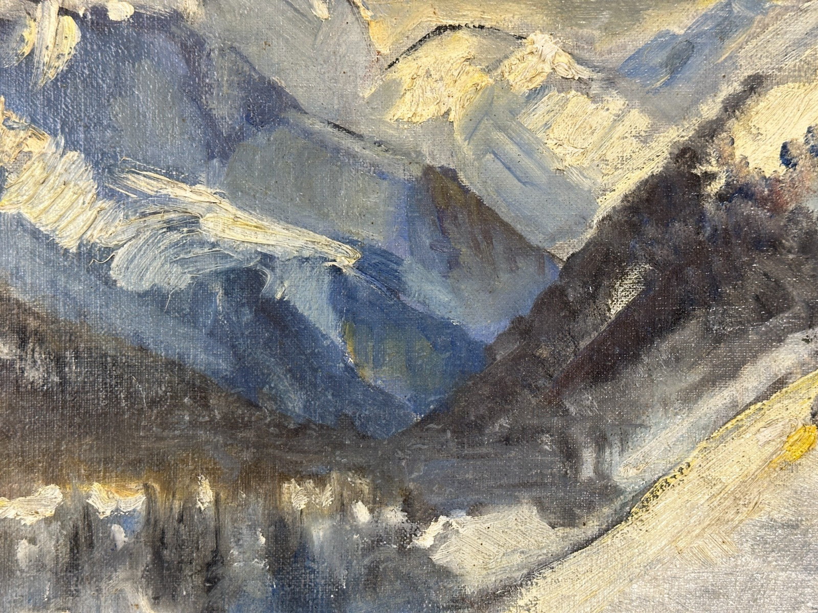 Winterliche Alpenlandschaft mit Gehöften und Schlitten – Öl auf Hartfaserplatte2