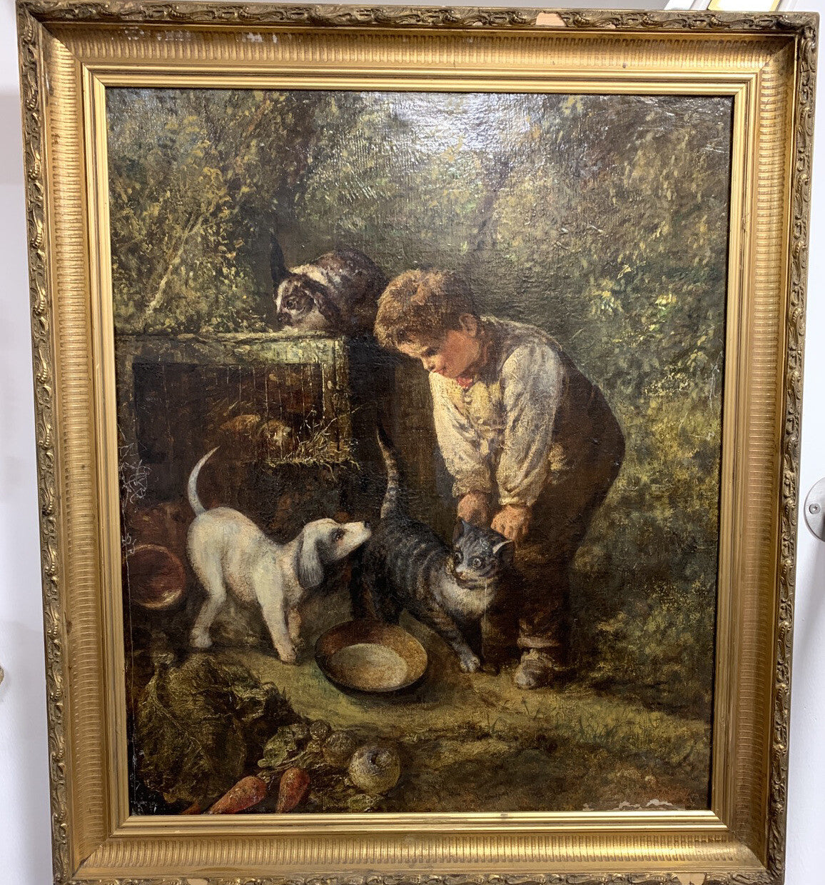 Jules Dhotretiz - Ölgemälde Leinwand um 1850 - Junger Knabe im Hasenstall 1