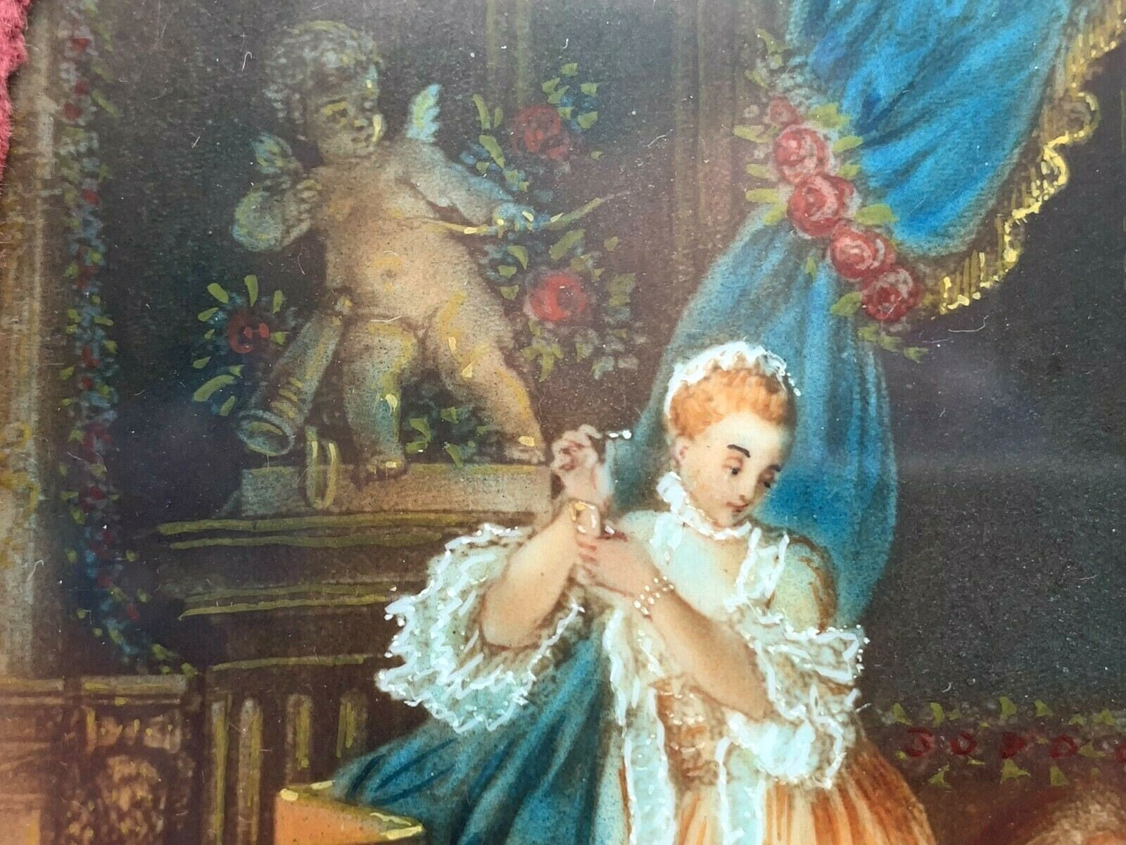 Miniatur Lupenmalerei barockes Bild - Gouache - Silberrahmen um 1899 - signiert3
