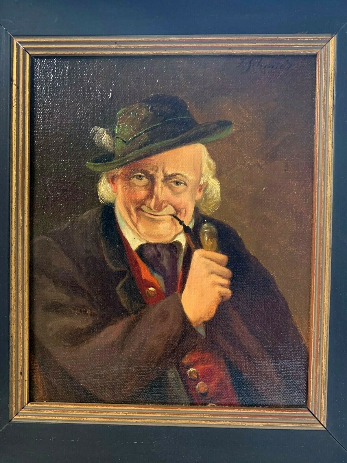 Gemälde Öl auf Holz - Bauer mit Pfeife - Herrenporträt - Goldrahmen - F. Schmid1