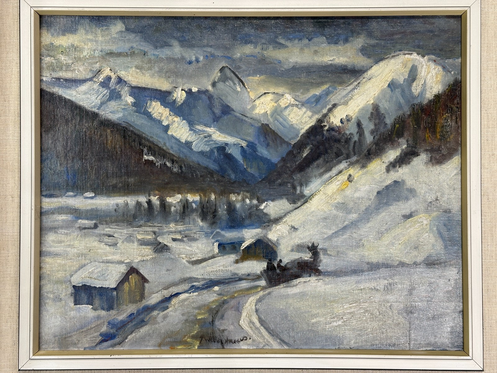 Winterliche Alpenlandschaft mit Gehöften und Schlitten – Öl auf Hartfaserplatte1