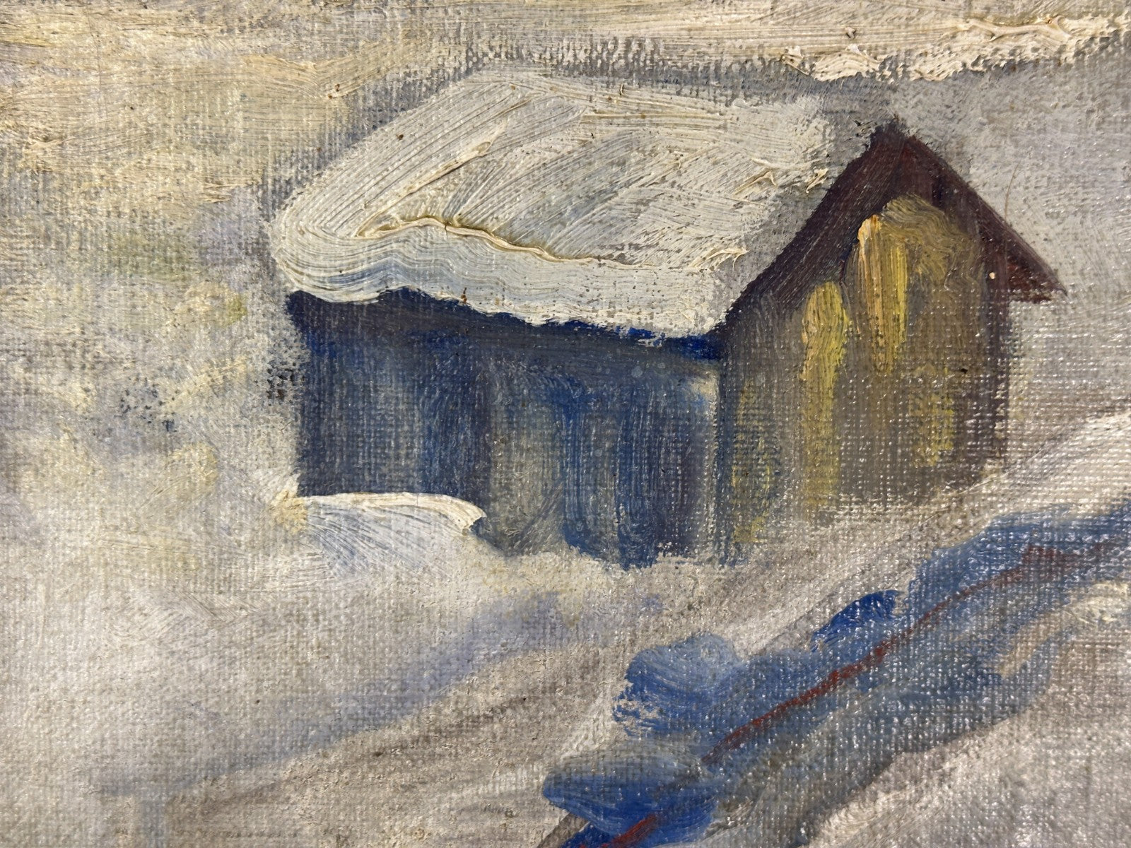Winterliche Alpenlandschaft mit Gehöften und Schlitten – Öl auf Hartfaserplatte4