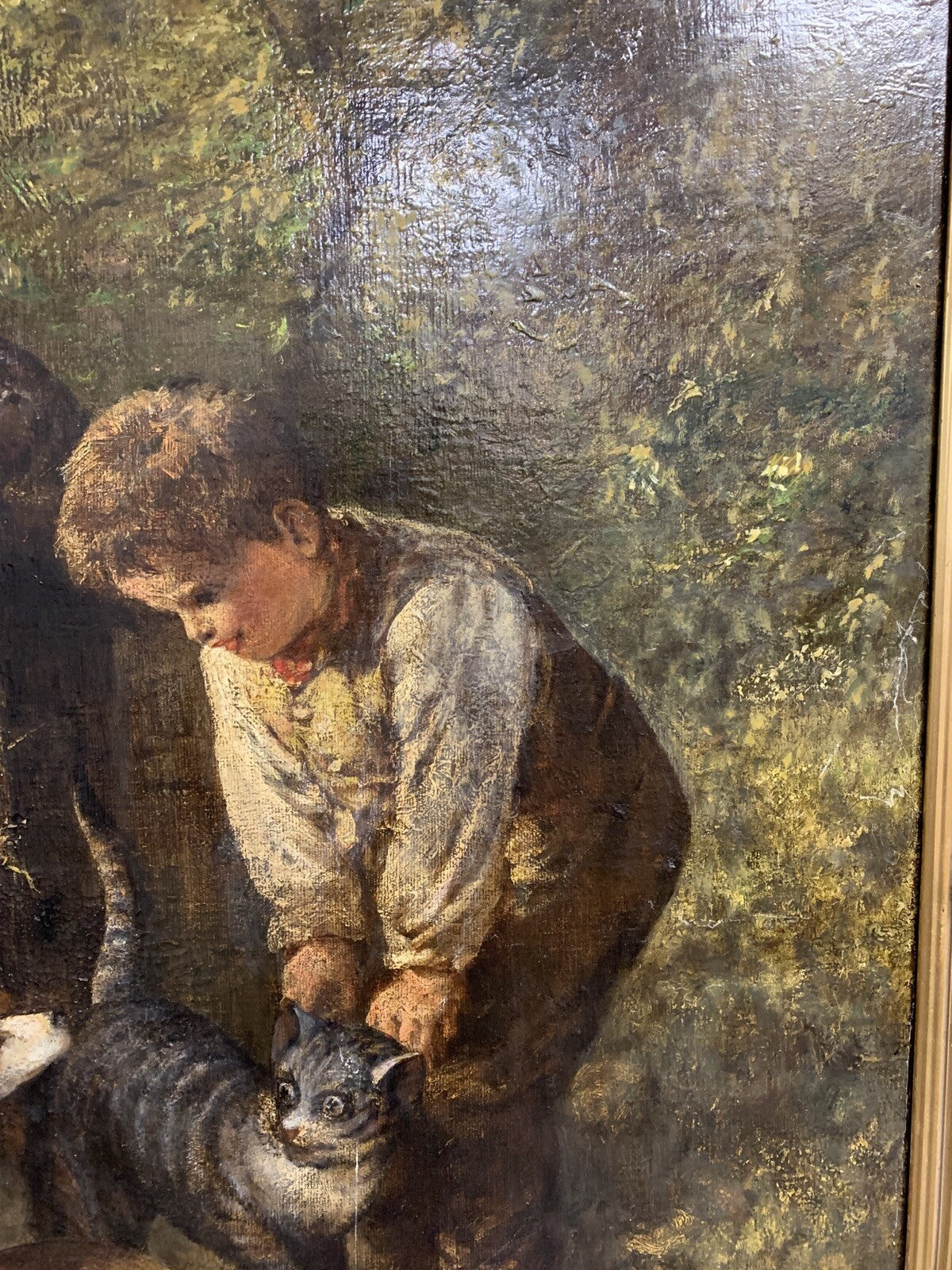 Jules Dhotretiz - Ölgemälde Leinwand um 1850 - Junger Knabe im Hasenstall 5