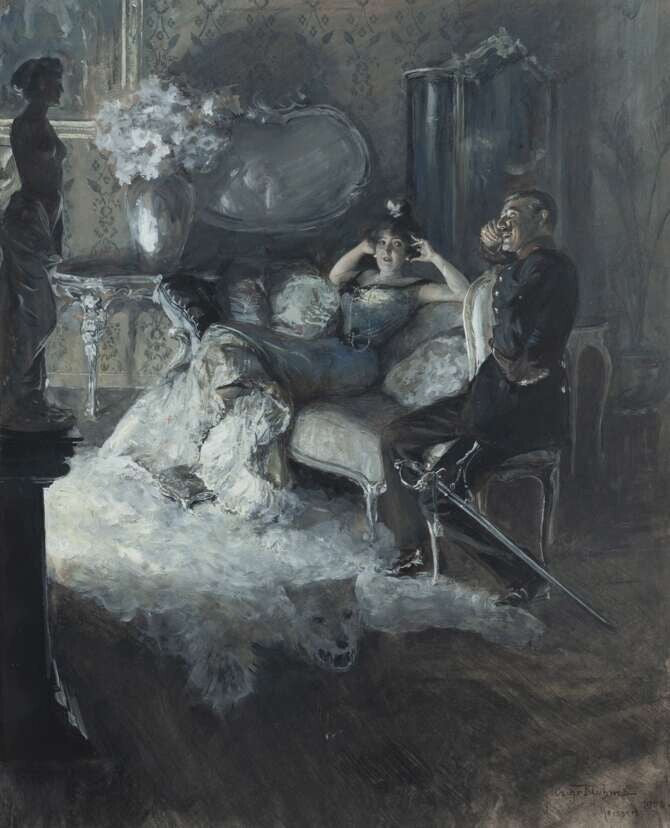 Oscar Blum - Die Dame und der Offizier - Aquarell auf Papier - gerahmt - 19021