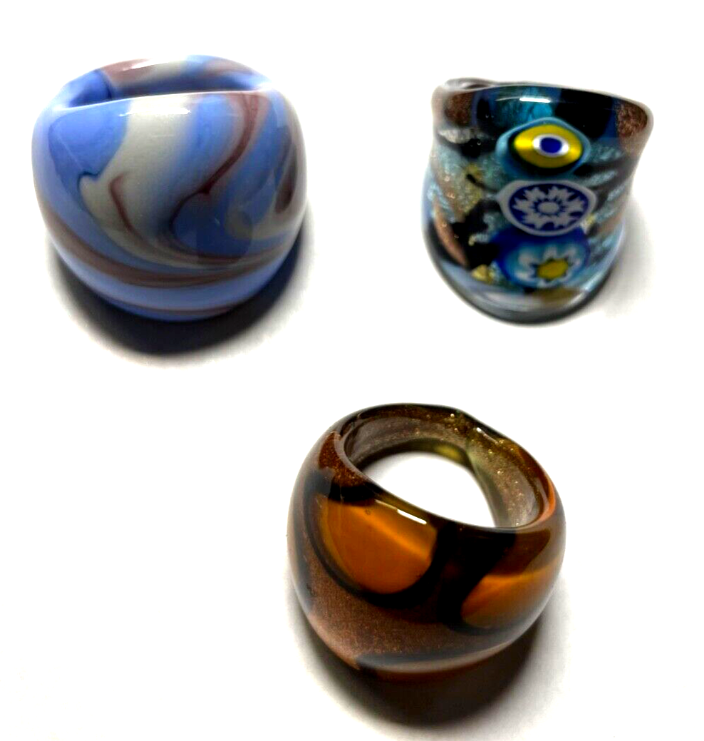 3 x prächtiger Statement Glasring Murano Glas Handarbeit Unikat Ø 18 + 17 mm0