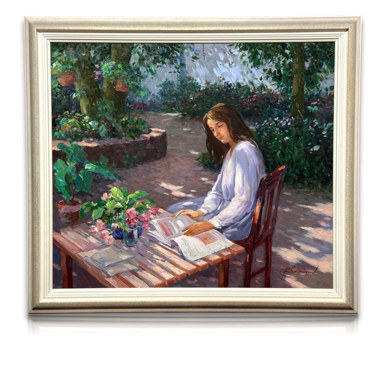 Roger San Miguel - Lesendes Mädchen im Garten - Öl auf Leinwand - signiert0