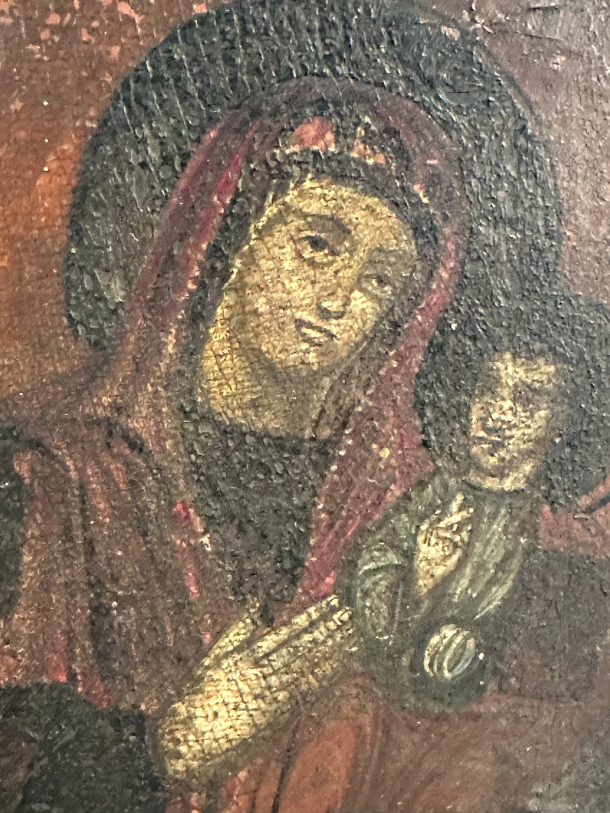 Alte Ikone „Gottesmutter mit Kind“ – Tempera auf Holz - unrestaurierter Zustand2