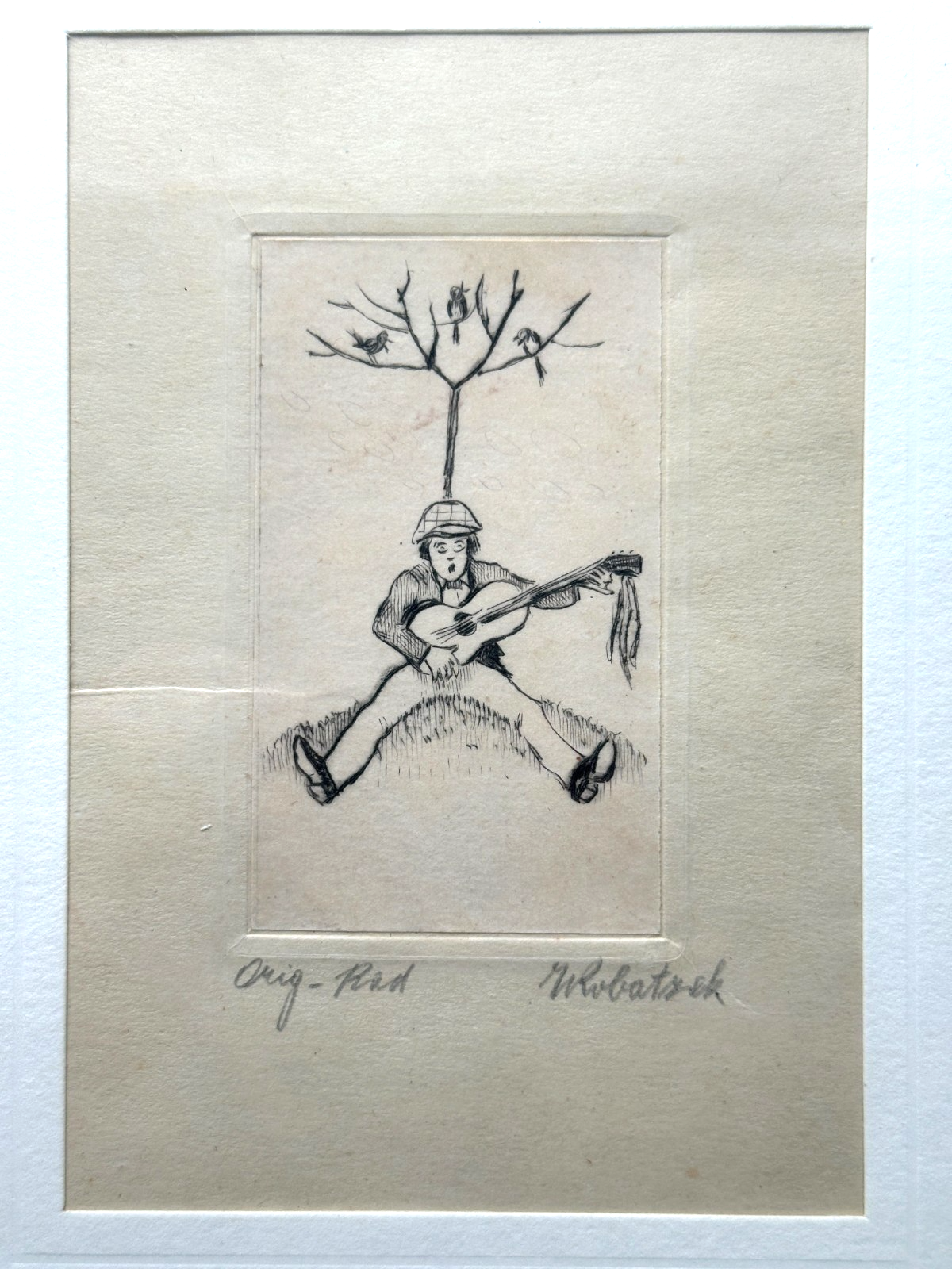 Wenzel Wobatzek - Orig.-Radierung - Musizierender Mann unter Baum - Signiert1