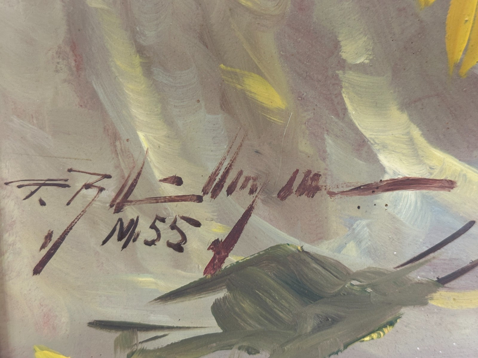 Sonnenblumen im Krug – Öl auf Hartfaser - sign. „F. Lamy“ (1955) - Mid-Century9