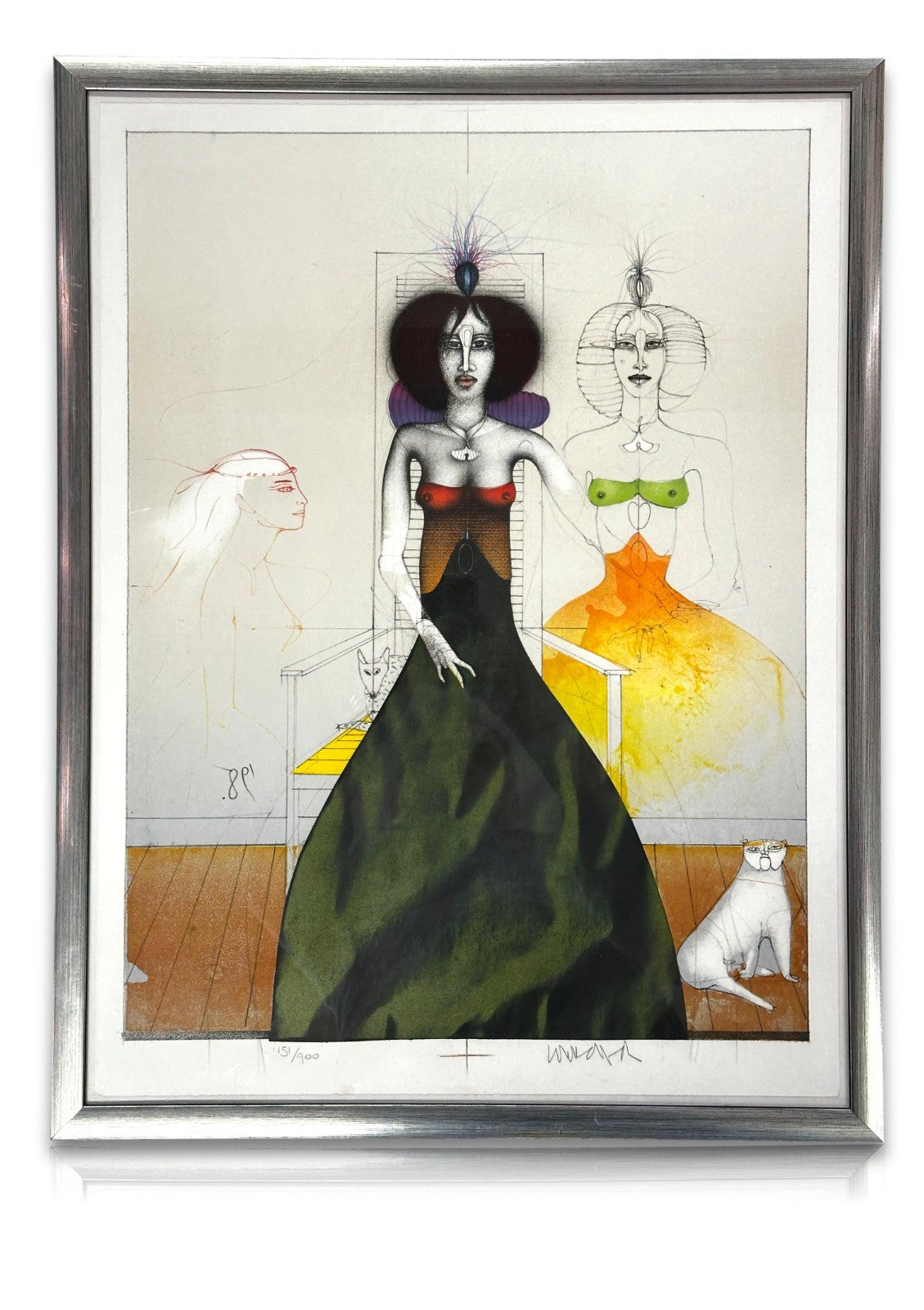 Paul Wunderlich – Eine schöne Frau mit zwei Hunden - Farblithografie - signiert0