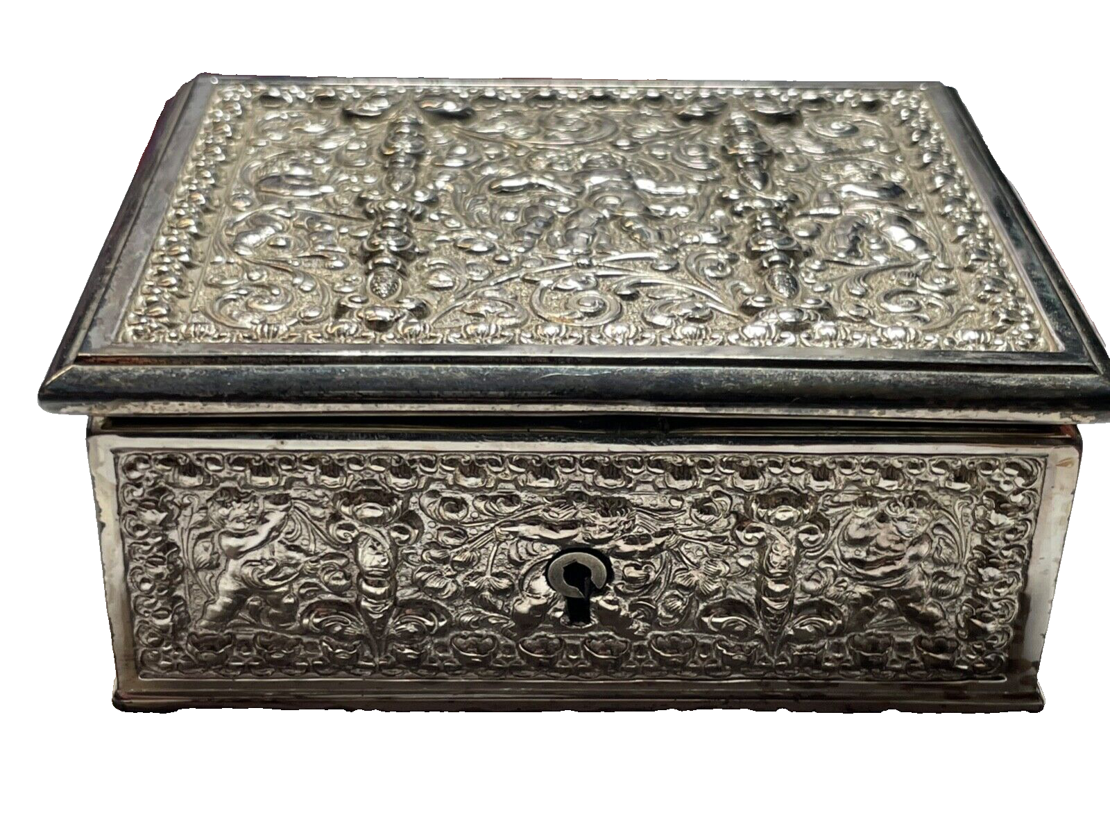 Kleine alte Erhard & Söhne Schatulle Silber farb. Putten Engel Dekor rar Metall0