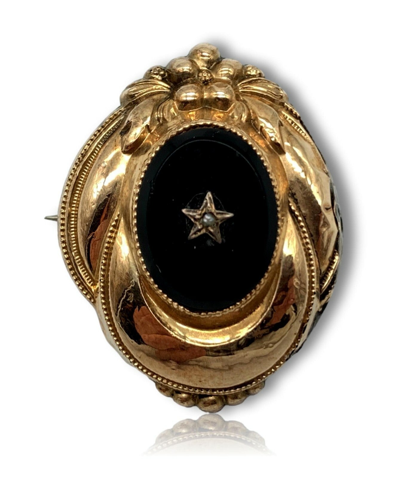 Biedermeier Brosche Anhänger - Schaumgold 6 Karat 250 - schwarzer Onyx Saatperle0