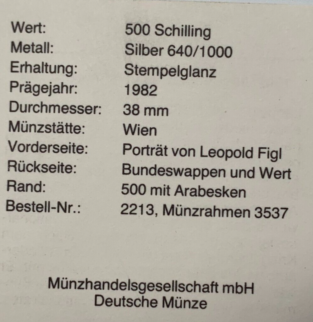 500 Schilling Österreich - Silber Münze - 80. Geburtstag von Leopold Figl - Stgl3