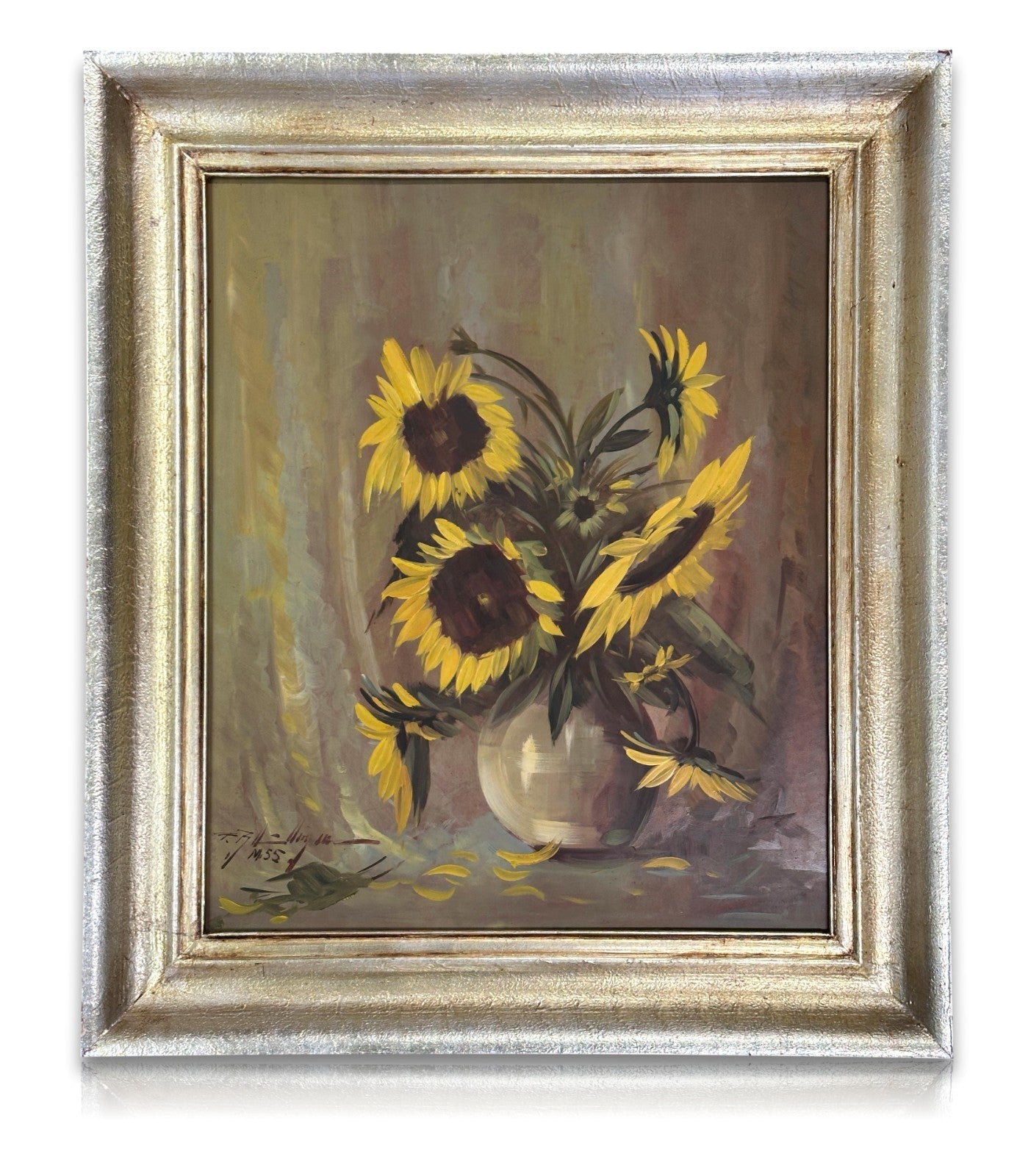 Sonnenblumen im Krug – Öl auf Hartfaser - sign. „F. Lamy“ (1955) - Mid-Century0