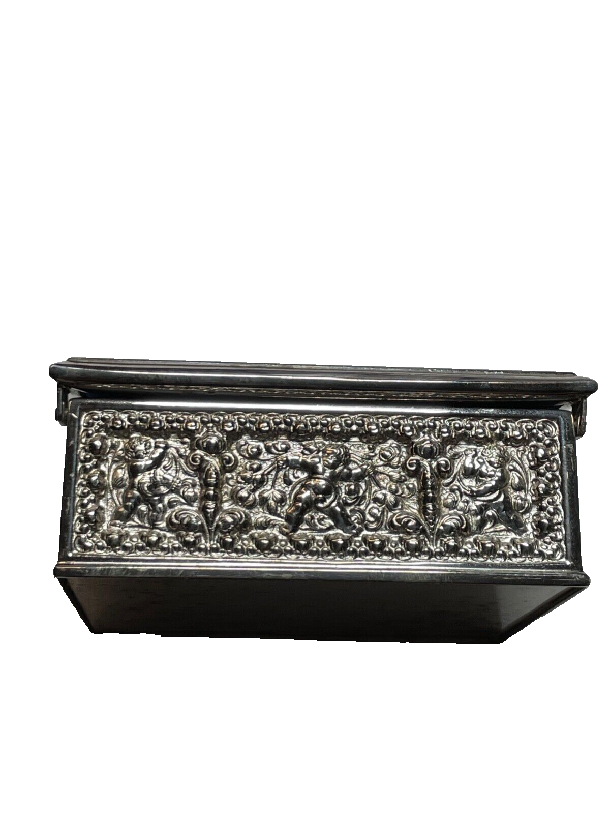 Kleine alte Erhard & Söhne Schatulle Silber farb. Putten Engel Dekor rar Metall7