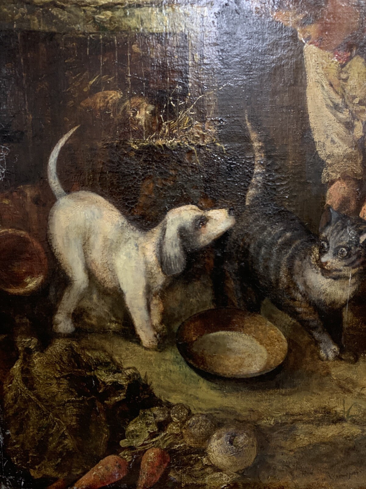 Jules Dhotretiz - Ölgemälde Leinwand um 1850 - Junger Knabe im Hasenstall 2