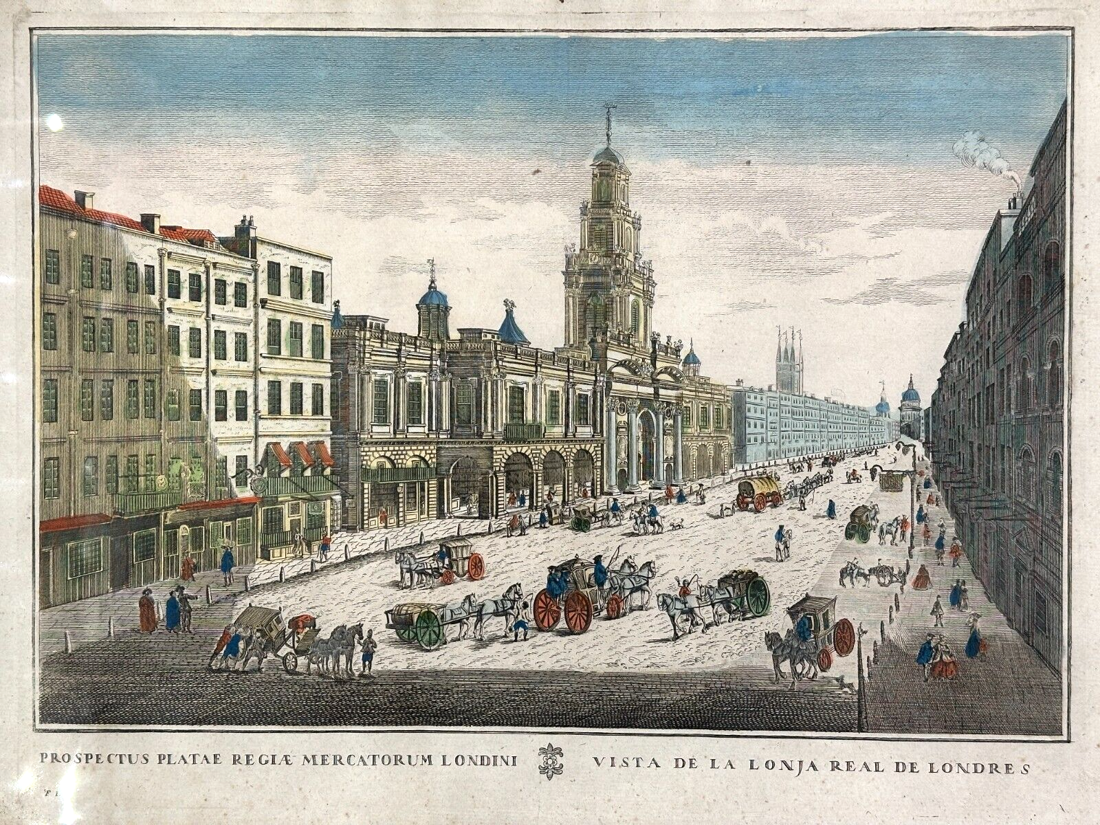 kolorierter Kupferstich - London, königliche Börse um 1750 - rahmt hinter Glas1