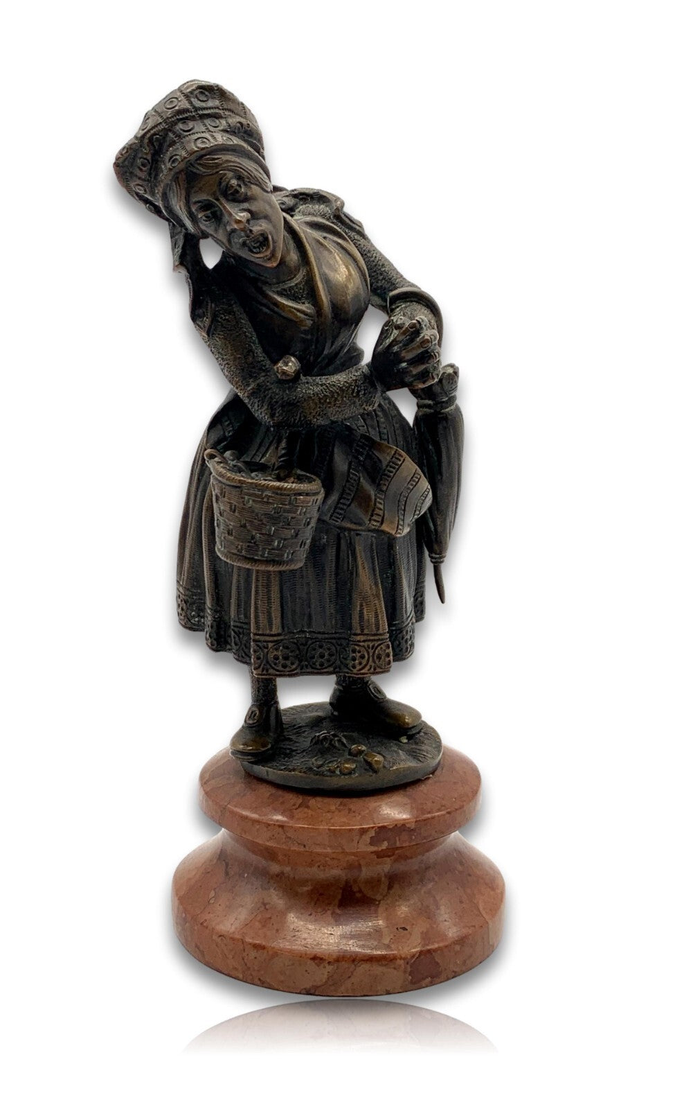 Bronze Figur Skulptur - Marmorsockel - Frau mit Korb - patiniert1