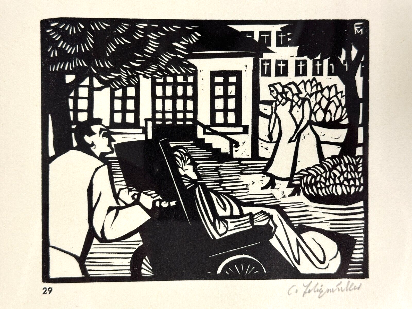 Conrad Felixmüller - Holzschnitt Woodcut - 'Krankenhaus im Garten' 1949 - Sign.1