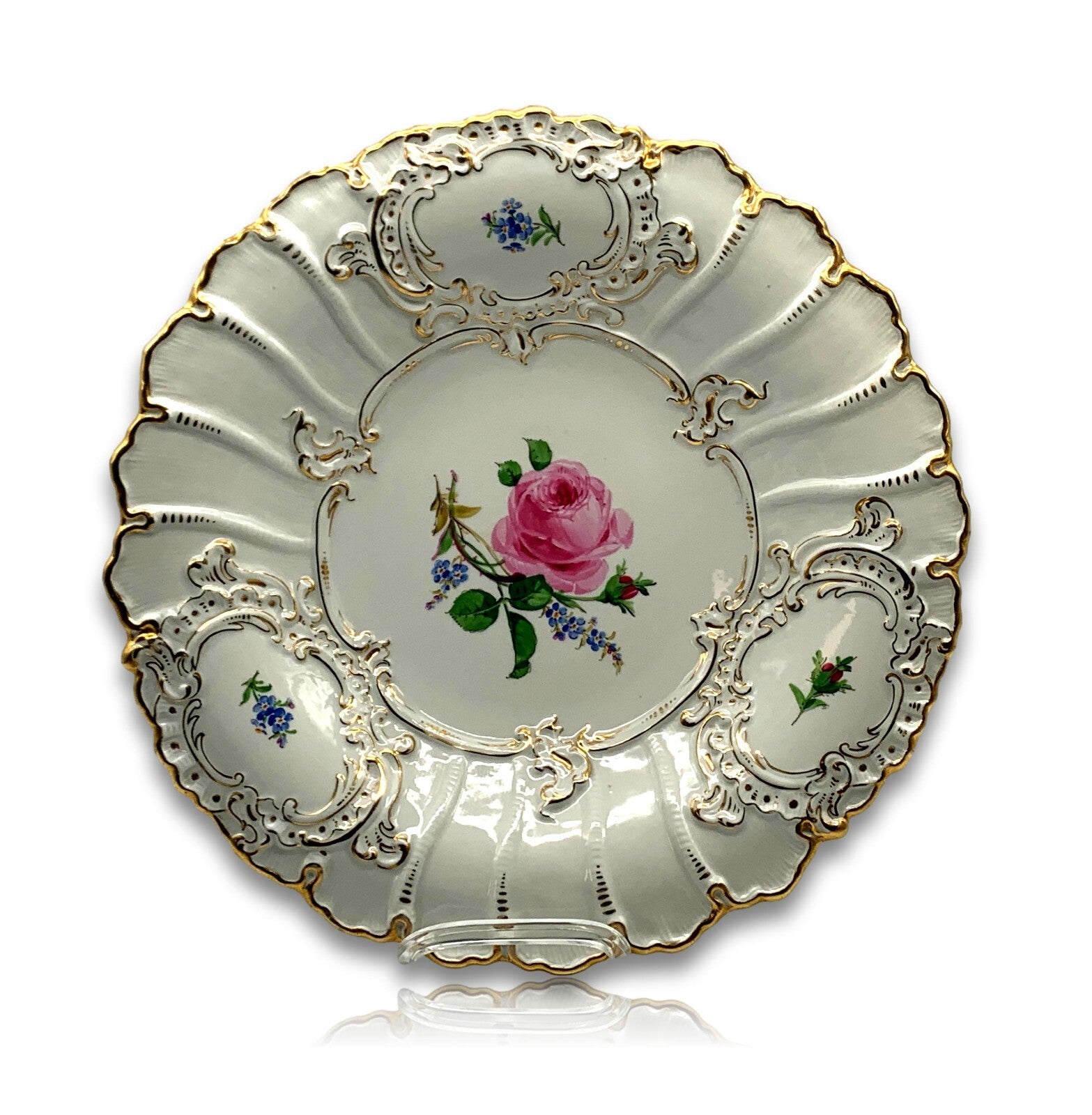 Prunkteller Meissen Schwerter Porzellan - Rosen Blüten Dekor - Gold staffiert0
