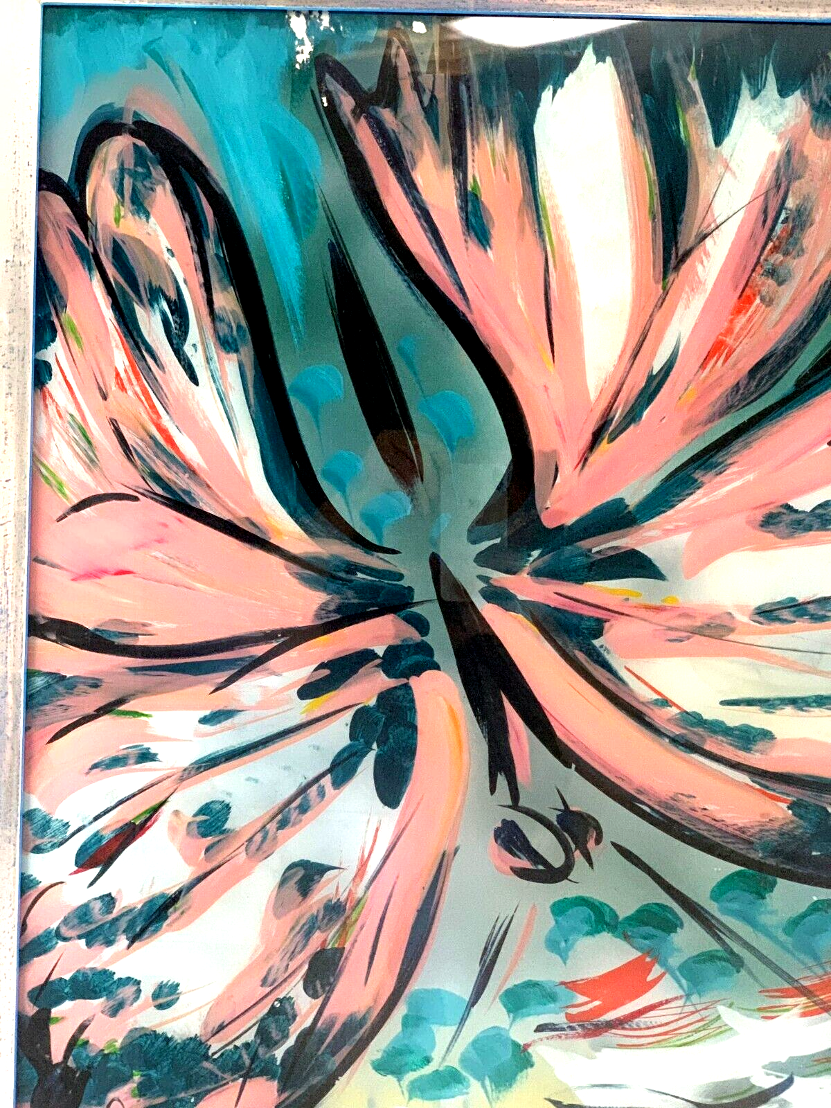 XL Hinterglasmalerei - moderne Kunst - Blumen mit Schmetterling - Monogrammist1