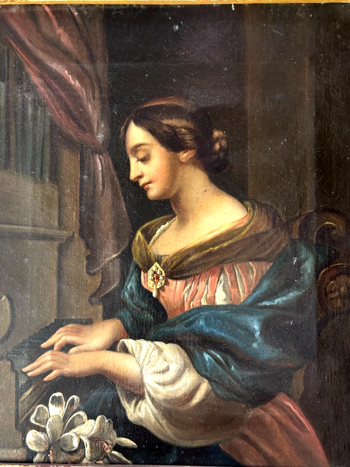 Antikes Ölgemälde auf Leinwand - Dame am Klavier - um 1860 - Goldrahmen1