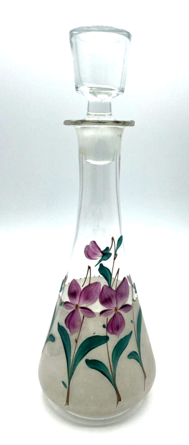 Antik Glas Karaffe Likörkaraffe um 1900 mit Veilchen Dekor Handgemalt H 24 cm0