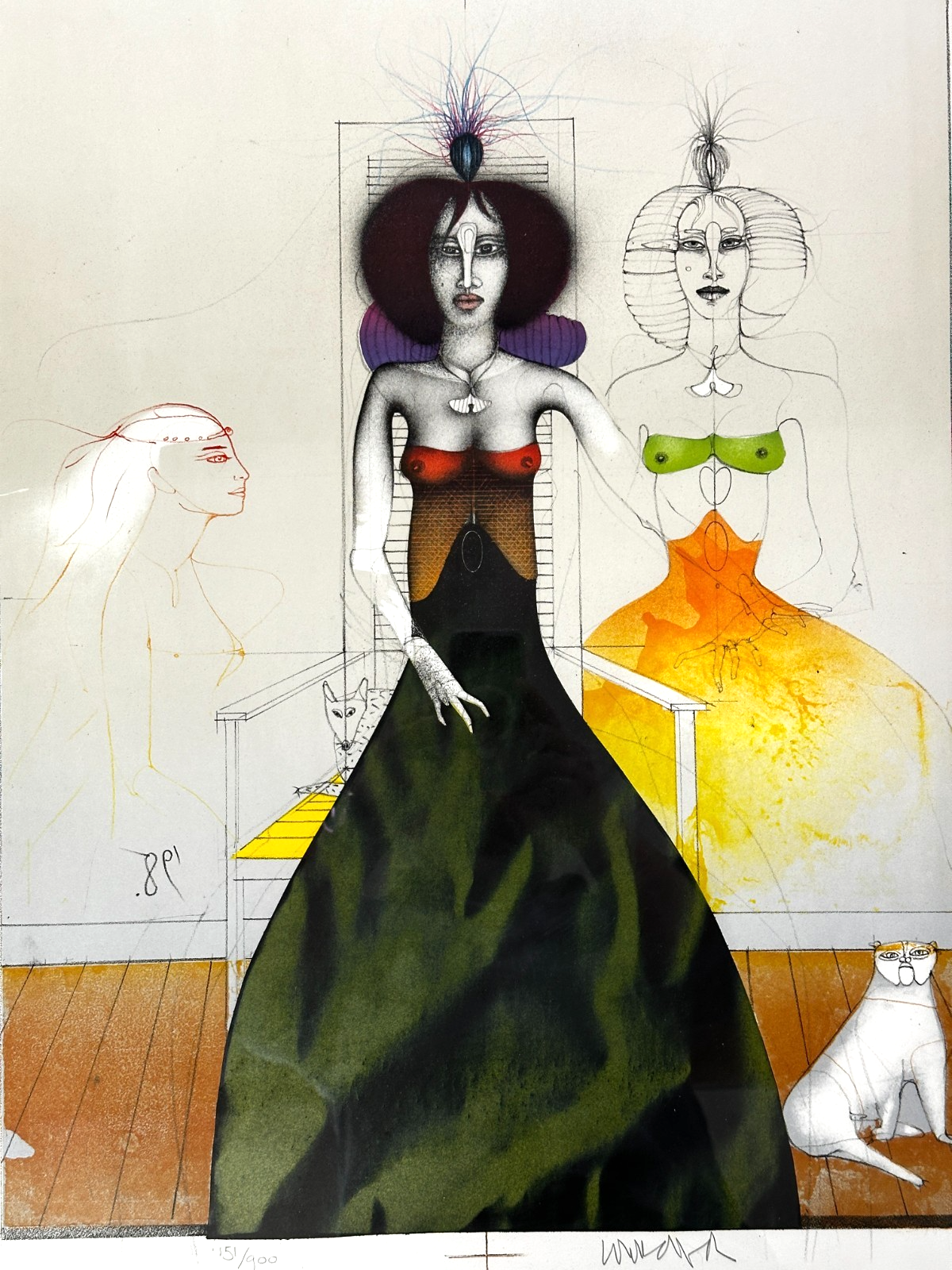 Paul Wunderlich – Eine schöne Frau mit zwei Hunden - Farblithografie - signiert1