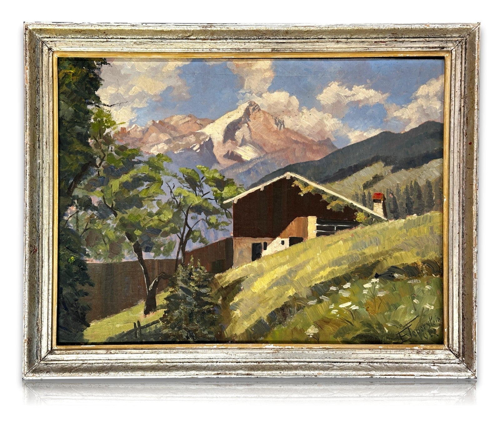 Ernst Feuerstein 1903–1960 Bauernhof an der Zugspitze Öl auf Masonit - signiert0