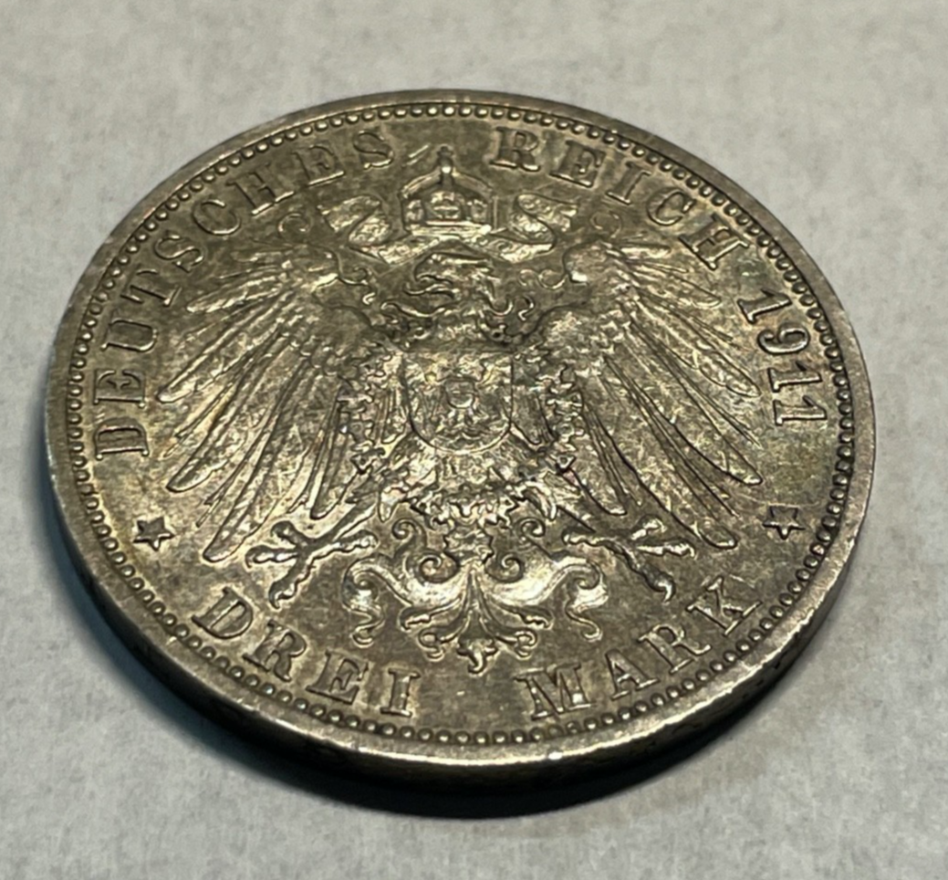 Drei Mark Deutsches Reich 1911 F Wilhelm II Charlotte von Württemberg 900 Silber2