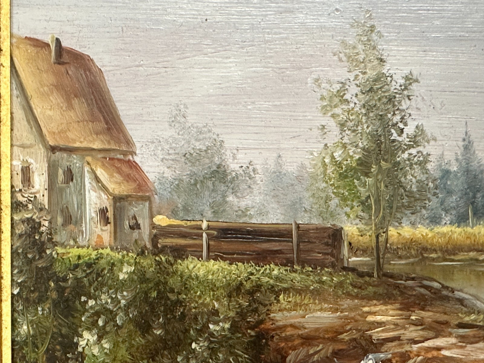 Ländliche Idylle mit Hühnern – signiert „H. Hoppe“ – Öl auf Platte - gerahmt3